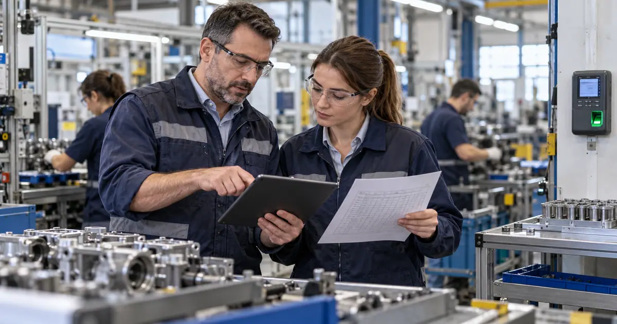 Auditores comparando datos de producción y tiempos en una planta industrial