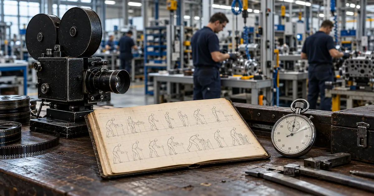 Cronómetro y cámara antiguos junto a documentación de estudios de tiempos y movimientos