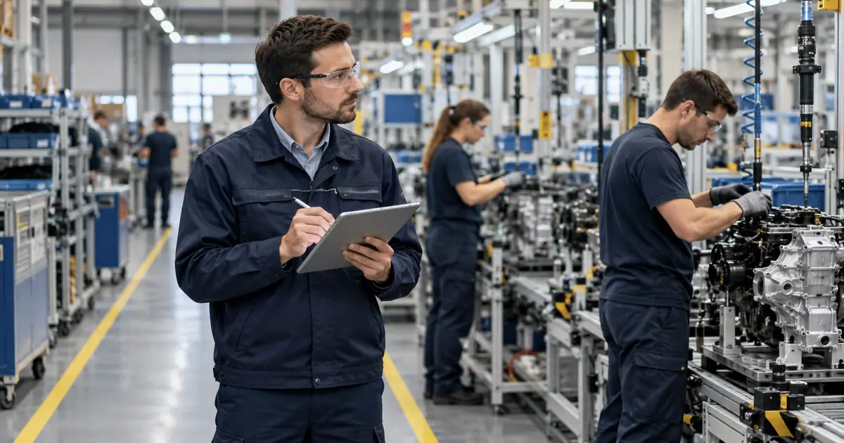 Ingeniero de métodos con una tablet observando una operación de montaje