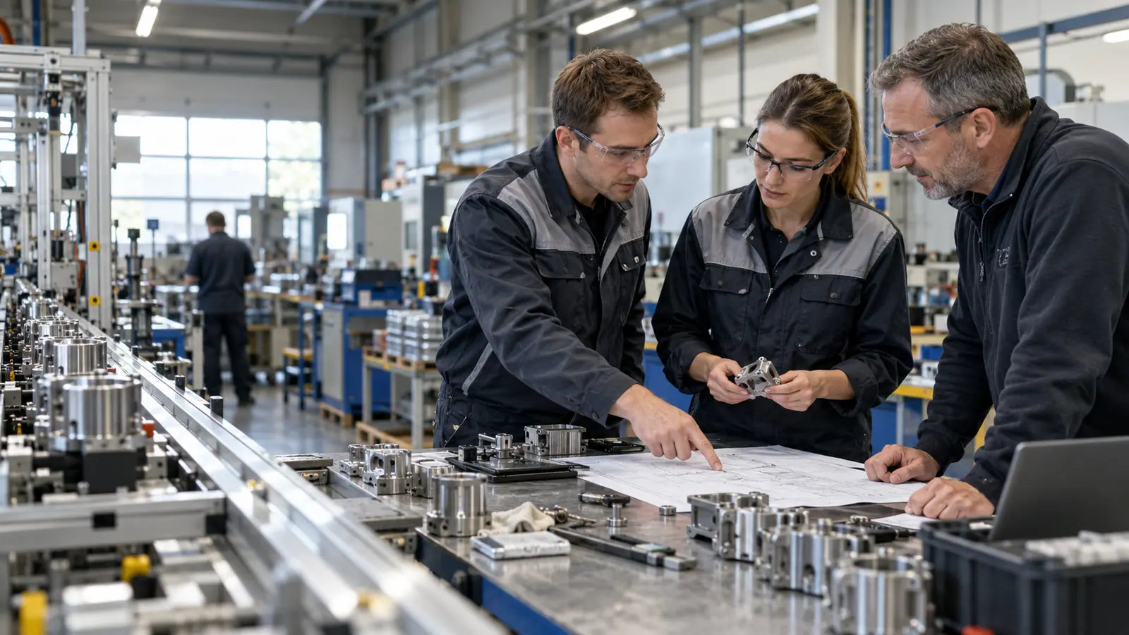 Equipo de ingeniería analizando métodos y datos para mejorar una línea de producción