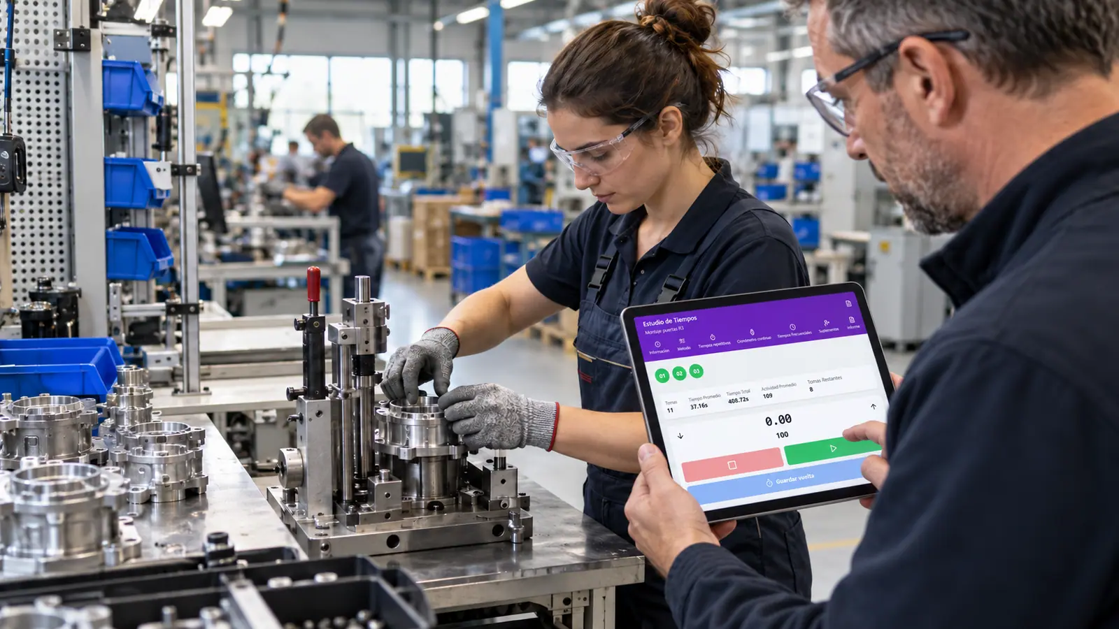 Técnico usando Cronometras en una tablet durante un estudio de métodos y tiempos de montaje