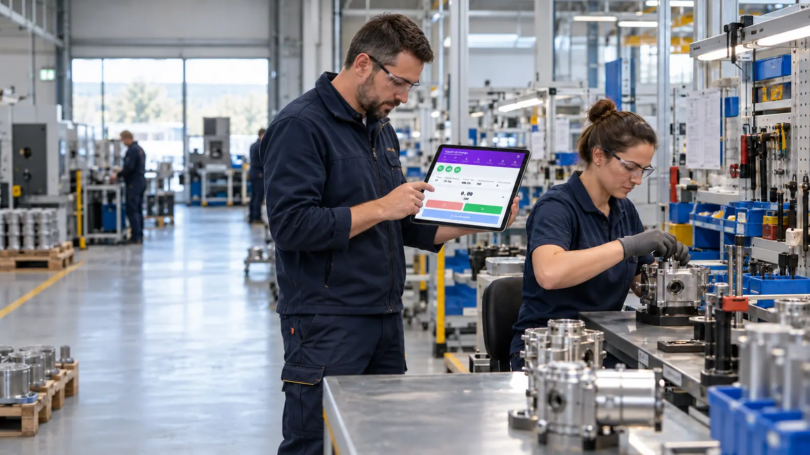 Técnico de métodos usando Cronometras en una tablet para cronometrar una operación de montaje industrial