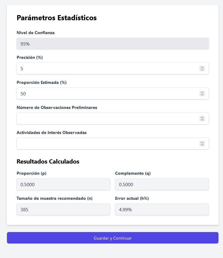 configuración de parametros estadísticos en un estudio de muestreo del trabajo y cálculo automático del tamaño de la muestra